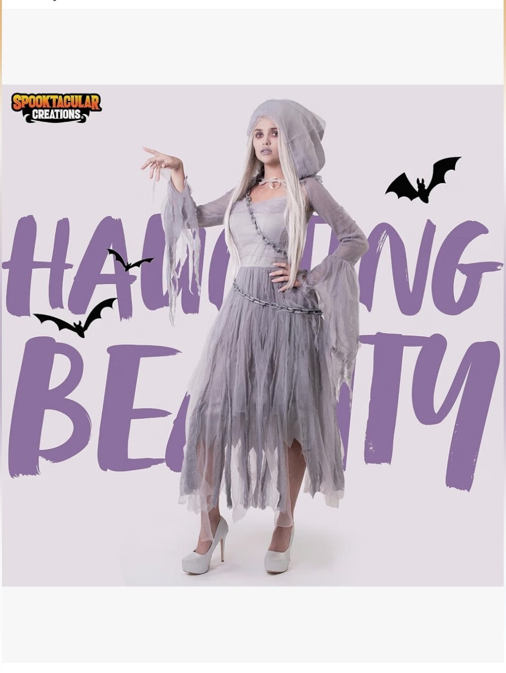 Haunting Beauty Dress Ghost Costume with Plastic Chain, Hooded Cape L